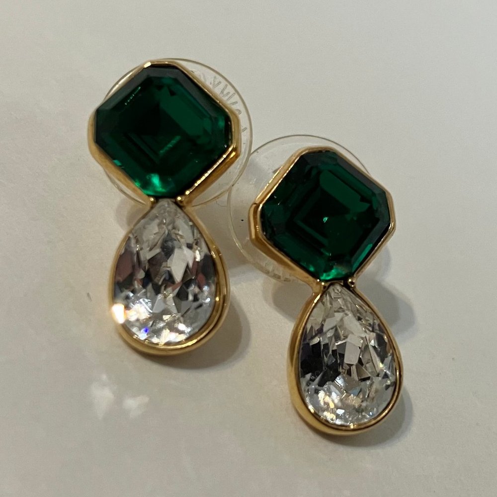 S.A.L. Earrings Green Clear Crystal Rhinestone Tear Drop Gold Tone Metal Pierced